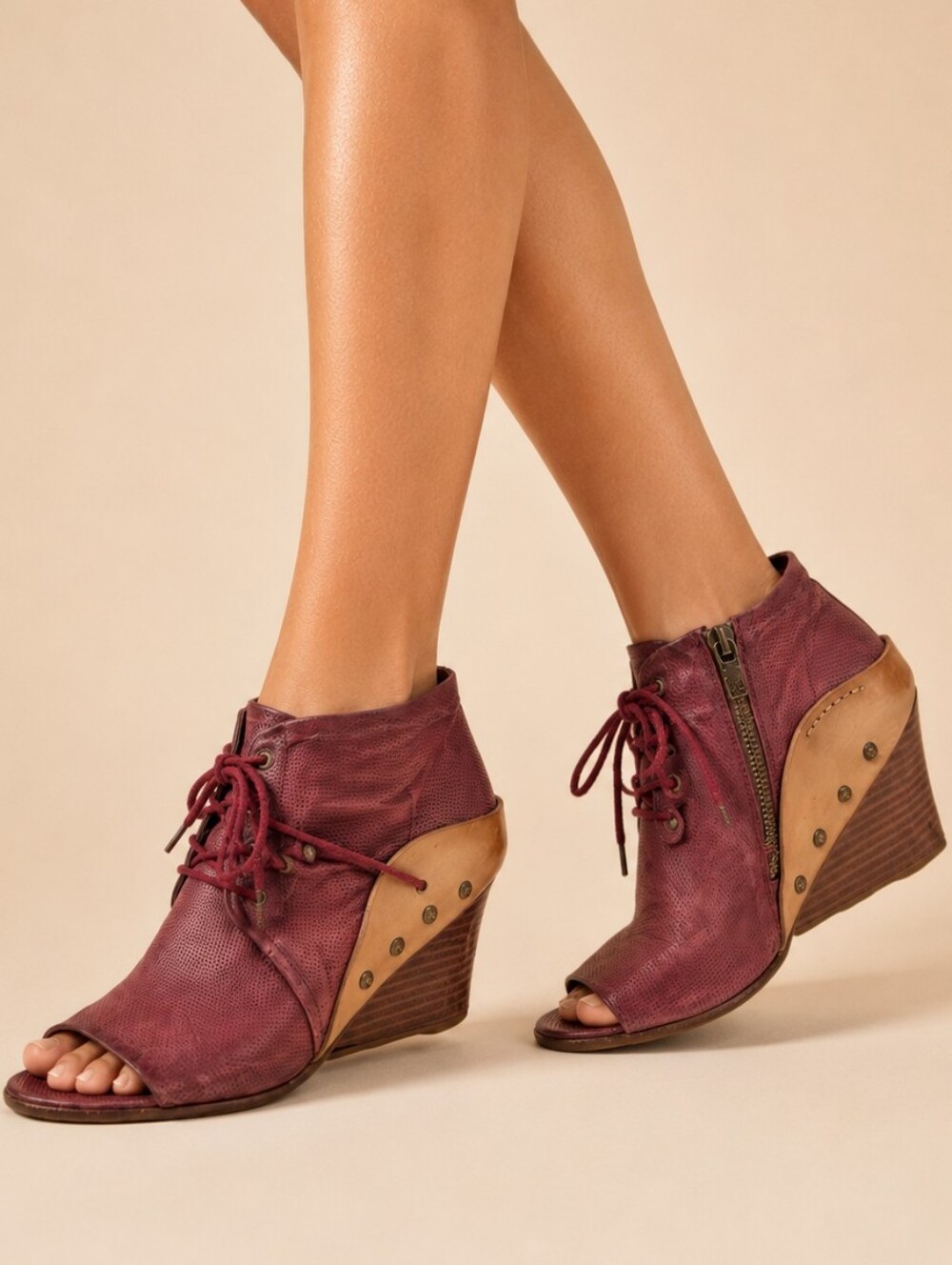 A.S.98 Burgundy Leather Peep Toe Lace-Up Wedge Booties EU 38 US 7.5/8   S4249 - Picture 4 of 12